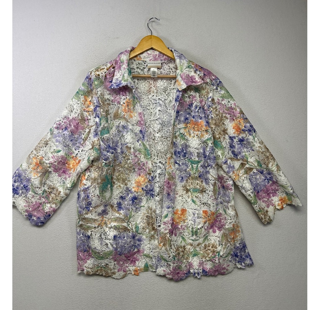 Grannycore Alfred Dunner Women 2X White Floral Lace Open Front Cardigan